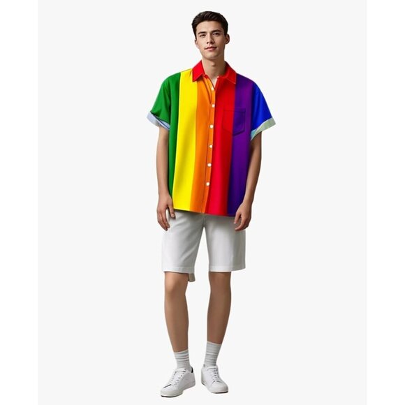 ❤️Men Rainbow Print Short Sleeve  Hawaiian Fit Casual Button Down Beach Shirts - Picture 4 of 8